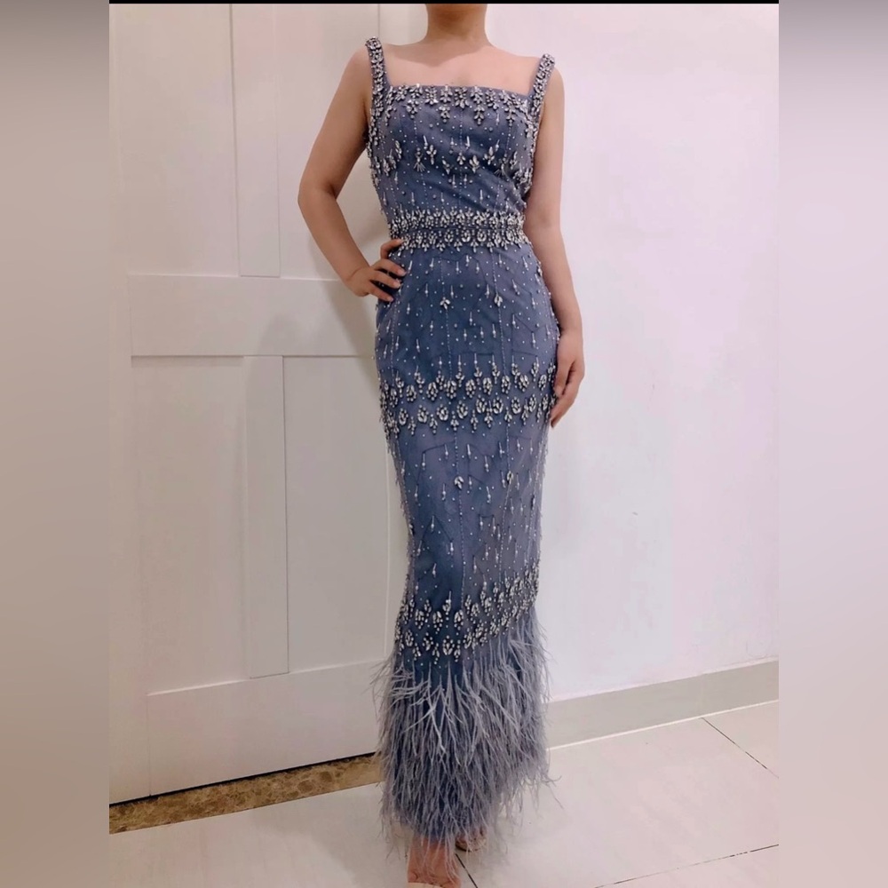 Luxury Crystal Feathers Evening Dresses for Women Wedding Elegant Blue